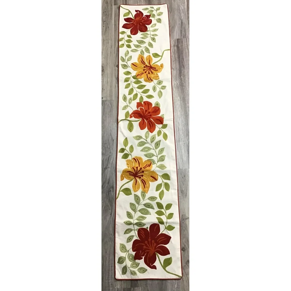 Pier 1 Imports Floral Embroidered Table Runner 14x72 Cotton Lined Boho Whimsical